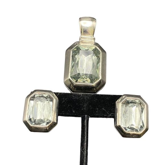 Vintage emerald shape glass pendant matching post earrings tested .500 silver co - Picture 1 of 7